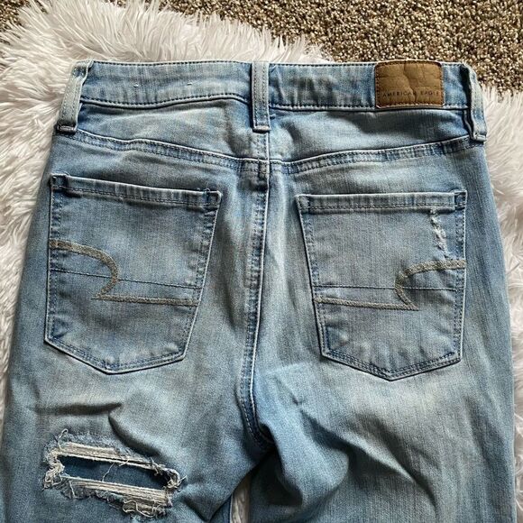 American Eagle Jeans 360 Stretch Super Hi Rise Jeggings Distressed Raw Ankle 2 - Picture 9 of 12